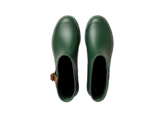 Pair of deep forest green rubber boots with a tan buckle detail, presented against a black backdrop, highlighting their durable and stylish design.
