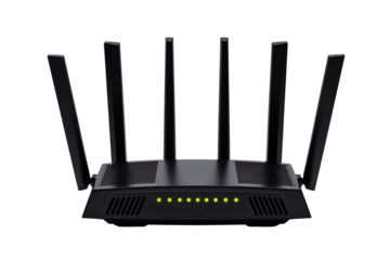 powerful, high-speed black wireless router with six adjustable antennas for maximum signal coverage and connectivity. This modern networking and internet technology gadget is isolated
