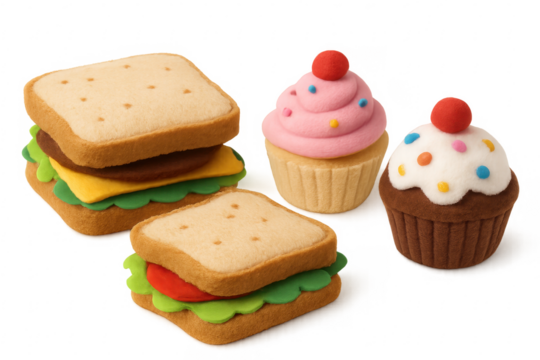 Felt sandwiches and cupcakes isolated on transparent background