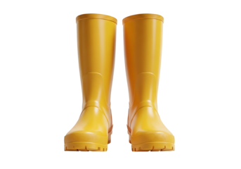 A pair of vibrant yellow rain boots stands out against a dark background.