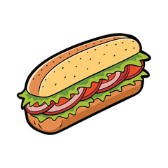 Delicious crusty baguette sandwich filled with ham and melted cheese on a white background