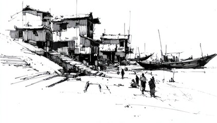Obraz premium Ink drawing of riverside village, figures, boats, and clustered simple buildings
