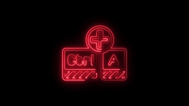 Red Neon Ctrl A Keyboard Shortcut Icon with Plus Symbol Animation on Black Background Digital