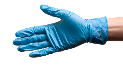 Close-up of a blue nitrile glove on a person's hand