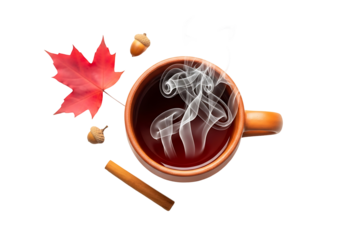 A warm autumnal beverage is presented in a terracotta mug, featuring steamy vapors and fall-themed d?cor.