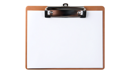 Clipboard with blank white paper isolated on a transparent background