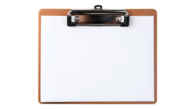 Clipboard with blank white paper isolated on a transparent background