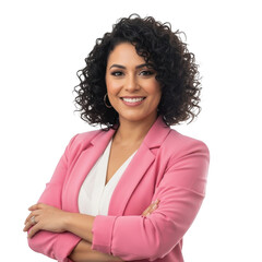 Confident woman in pink blazer smiling with arms crossed professional portrait transparent background