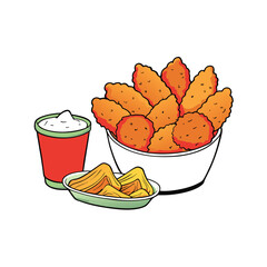 Crispy golden deep fried chicken tenders with dipping sauces ketchup and ranch