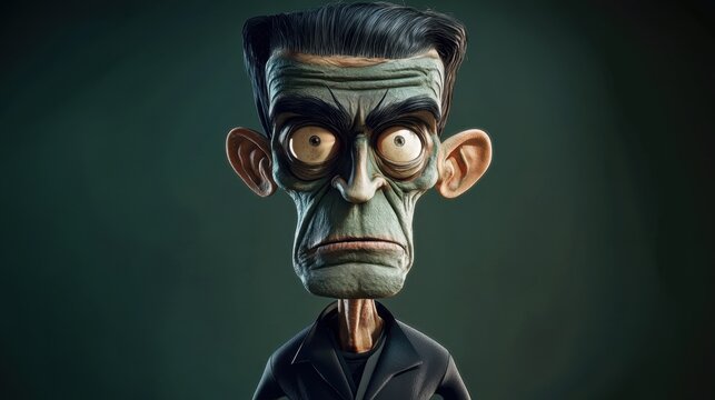 Cartoonish frankenstein monster with large ears and dark green skin