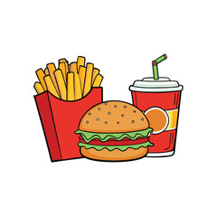 Classic american fast food combo featuring a juicy burger crispy fries and a refreshing soda with ketchup