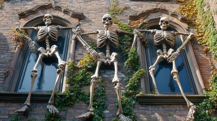 Three skeletons adorn a brick building with windows and green vines