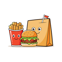 Delicious fast food paper bag illustration featuring a classic burger crispy fries and a refreshing drink