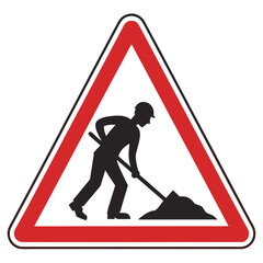 Road work ahead warning sign with a silhouette of a worker shoveling dirt on a white background.