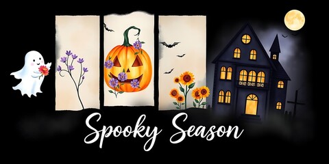 A spooky Halloween banner illustration featuring a haunted house, a ghost, and bats, along with three separate panels containing a pumpkin, sunflowers, and a branch, with the text "Spooky Season".