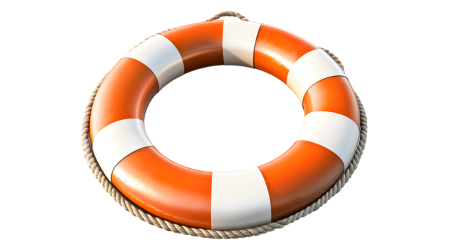 Orange and white life preserver with rope, isolated on white background