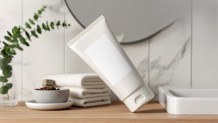 Cosmetic Tube Mockup Blank Product in Modern Bathroom Setting