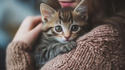 A small kitten is held gently in loving hands.