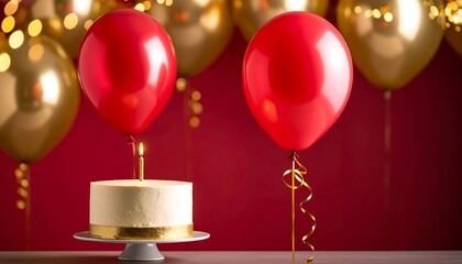 Birthday cake with red balloons, and gold bokeh.