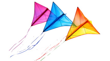 Three colorful delta kites flying against a white background