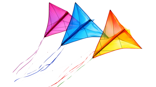 Three colorful delta kites flying against a white background