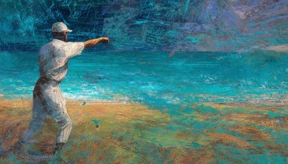 Vintage Baseball Player on Beach with Ocean View