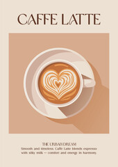 Coffee image. Modern kitchen decor. Caffe latte with milk. Minimalist coffee art. Minimalist retro posters with drink. Colorful trendy print. Vector illustration