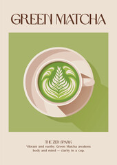 Green matcha image. Modern kitchen decor. Matcha latte with milk. Minimalist matcha art. Minimalist retro posters with drink. Colorful green trendy print. Vector illustration