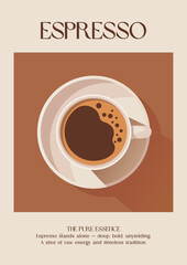 Coffee image. Modern kitchen decor. Espresso caffe. Minimalist coffee art. Minimalist retro posters with drink. Colorful trendy print. Vector illustration