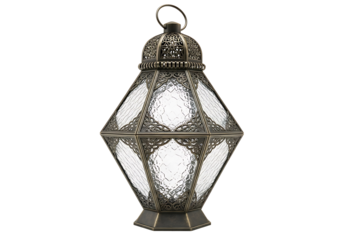 Ornate, diamond-shaped lantern with etched glass panels, showcasing intricate metalwork, in a dark background setting.