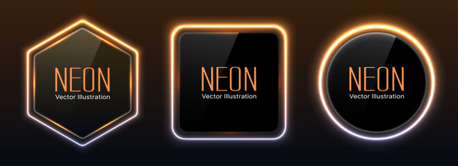 Glowing Neon Shapes Banner – Realistic Hexagon, Square, and Circle Glass Buttons with Golden Light Effect for Futuristic Web, App Icons, Digital Interfaces, and Modern Graphic Design Vector.