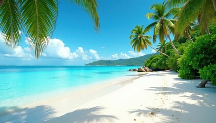 White sand, turquoise water, lush island backdrop, island, reef