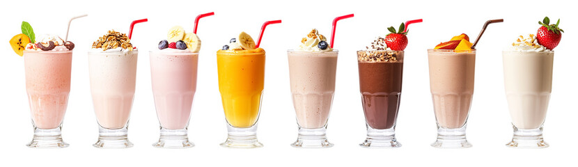 A row of six different flavored milkshakes