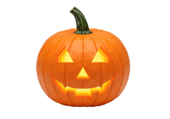 A vibrant, stylized jack-o'-lantern, rendered in a low-poly design, is highlighted against a stark black background.