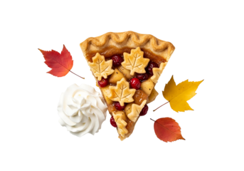 A delicious slice of autumn  pie, adorned with maple leaf shapes and cranberries, sits against a striking black backdrop, accompanied by whipped cream and colorful autumn leaves.
