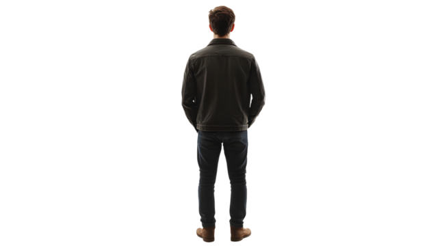 Back View of a Man in a Jacket and Jeans Standing