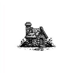 Fototapeta premium Whimsical stone cottage with a thatched roof and a chimney