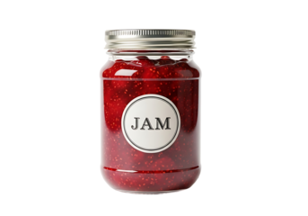 A glass jar filled with vibrant red jam, showcasing a simple, vintage-style label.