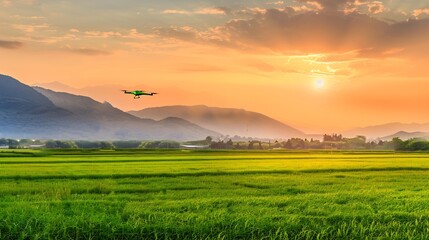Obraz premium Futuristic delivery drone flying green field mountains background sunset glow