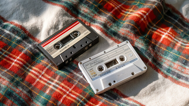 Flat lay of retro cassette tapes on colorful fabric with nostalgic vintage vibe