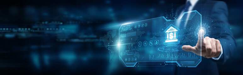 Banker touching interface and banking financial services, digital payments compliance security risk management transformation innovation optimization global transactions.
