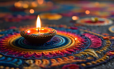 Diya on colorful rangoli. A beautifully lit diya ress on an intricate rangoli esign during a festival ceebration, showcasing vibrat colors.