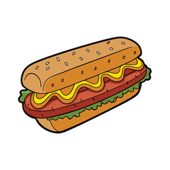 Delicious grilled sausage sandwich with caramelized onions and tangy mustard illustration