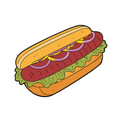 Delicious grilled sausage sandwich with onions and yellow mustard illustration