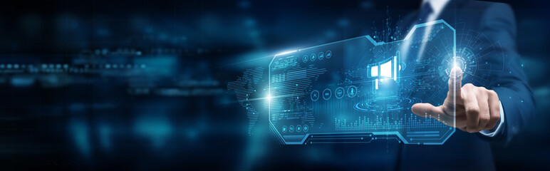 Marketing strategist touching interface and digital marketing campaigns analytics, engagement SEO content transformation automation optimization innovation.