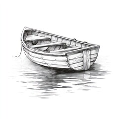 Small rowboat on calm water, rendered in detailed grayscale pencil strokes