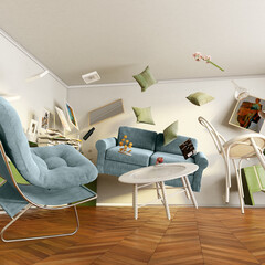 a living room full of objects floating in the air as if there were no gravity © bahadir