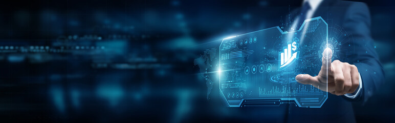 The sales manager is touching the interface and increasing sales strategies, customer engagement analytics transformation optimization automation innovation performance growth.