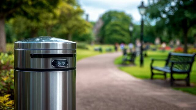 Medium shot of a smart waste bin featuring digital sensors crisply captured amidst a blurred park setting illustrating efficient waste management in urban areas.