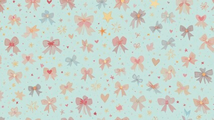 Fototapeta premium : Red and pink bows on a mint‑aqua ground with tiny hearts, stars, dots, and small flowers—sweet, whimsical, and versatile for fabric, gift wrap, stationery, kids’ rooms, and party projects.